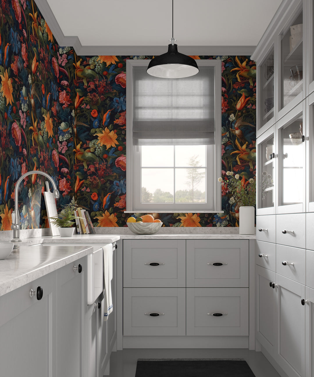 Dahlia Wallpaper Colorful Botanical Garden with Birds Pattern shown in a cozy kitchen.