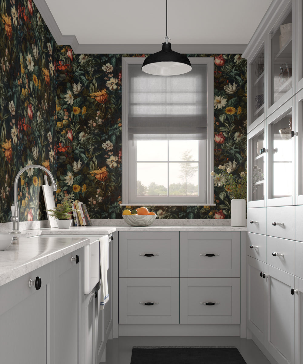 Dahlia Wallpaper Golden Cream Vintage Floral Garden Pattern featured in a classic kitchen.