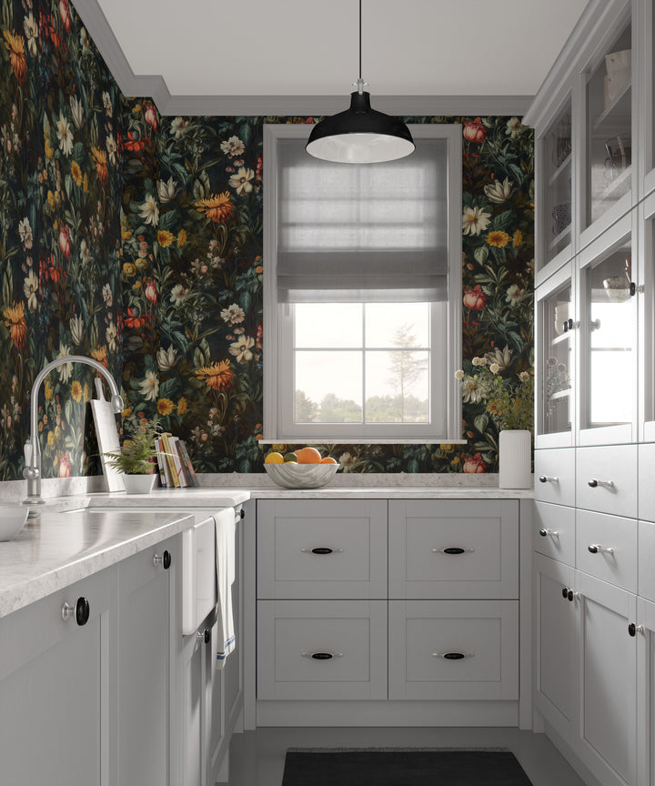 Dahlia Wallpaper Golden Cream Vintage Floral Garden Pattern featured in a classic kitchen.