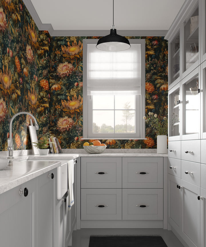 Dahlia wallpaper with vintage dark green background and orange botanical floral pattern in a bright kitchen