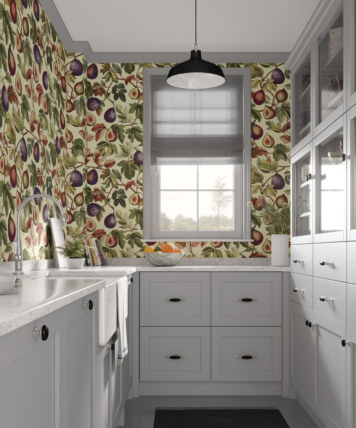 Ivory fig and leaf wallpaper with autumn botanical fruit pattern featured in a modern kitchen.