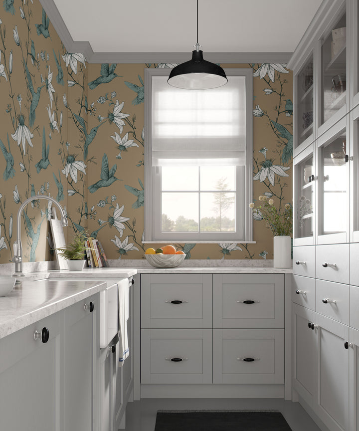 Modern kitchen with white cabinets featuring warm beige hummingbird botanical floral wallpaper