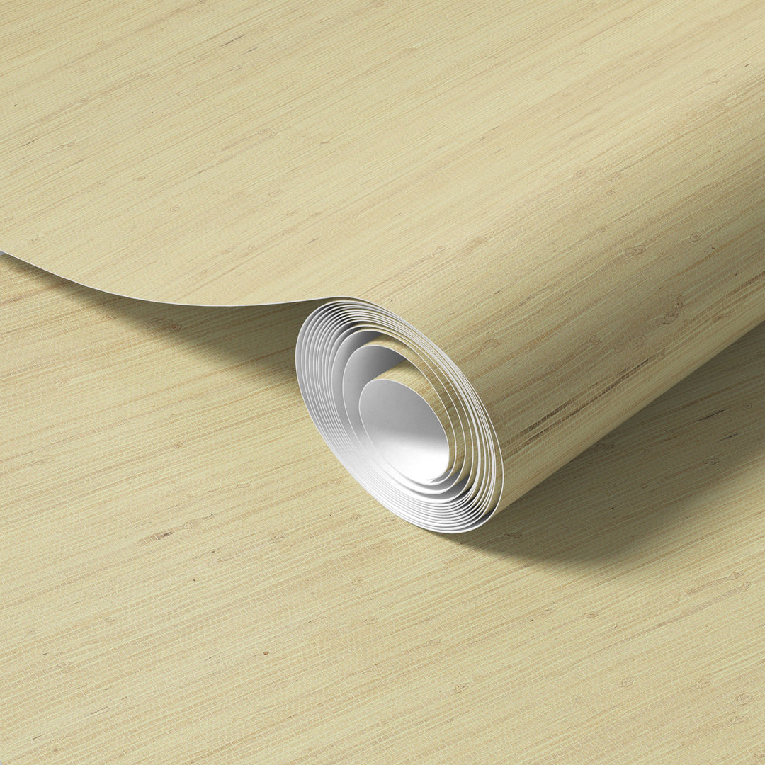 A roll of light-colored, textured wallpaper is shown in the image.