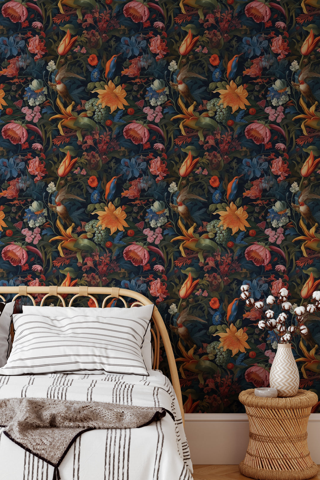 Dahlia Wallpaper Colorful Botanical Garden with Birds Pattern shown in a cozy bedroom.