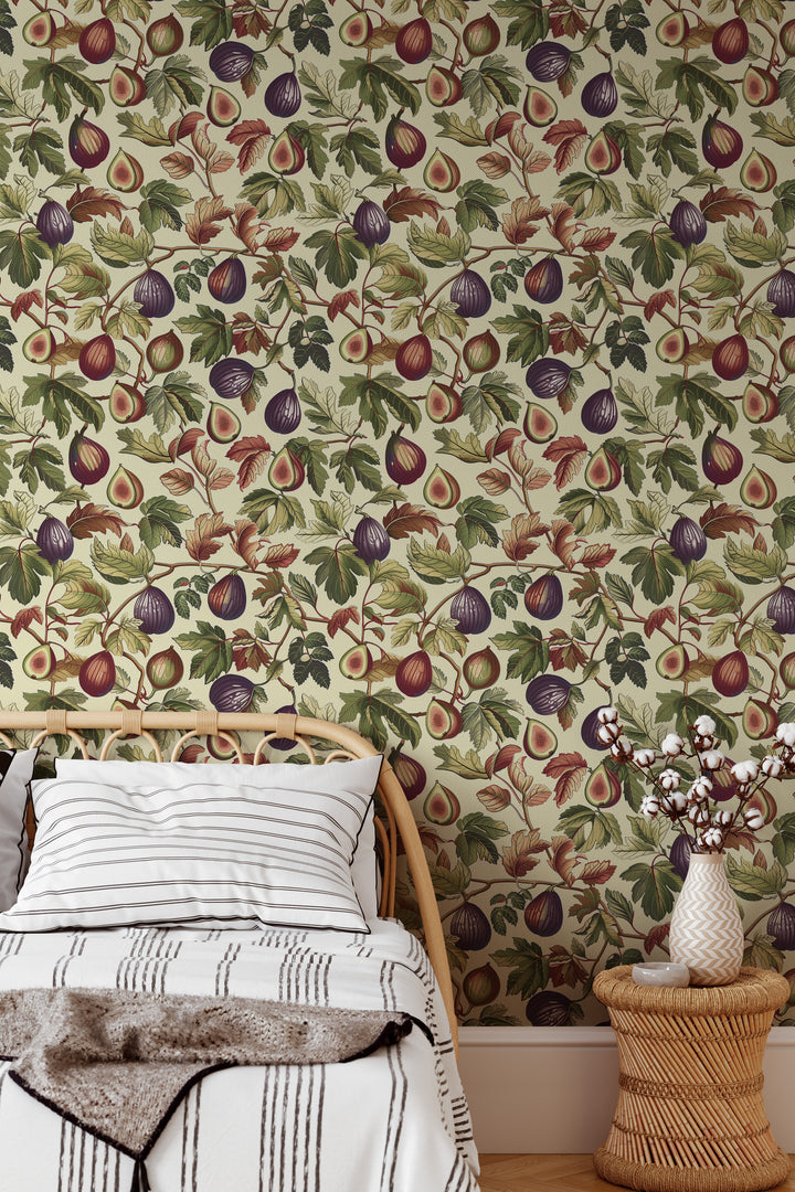 Ivory fig and leaf wallpaper with autumn botanical fruit pattern featured in a cozy bedroom.