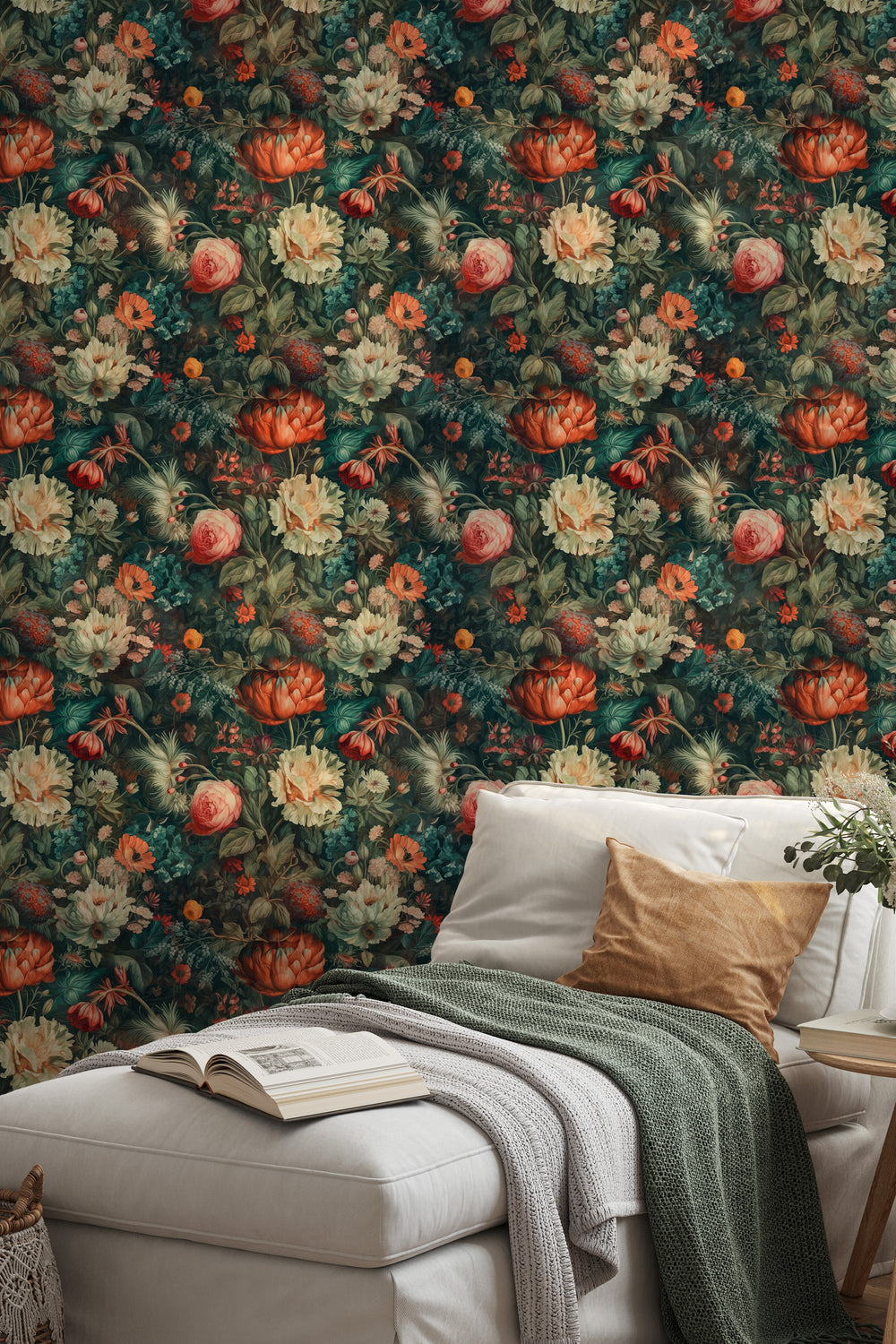 Dahlia Wallpaper Coral & Teal Vintage Floral Garden Pattern in a cozy living room.