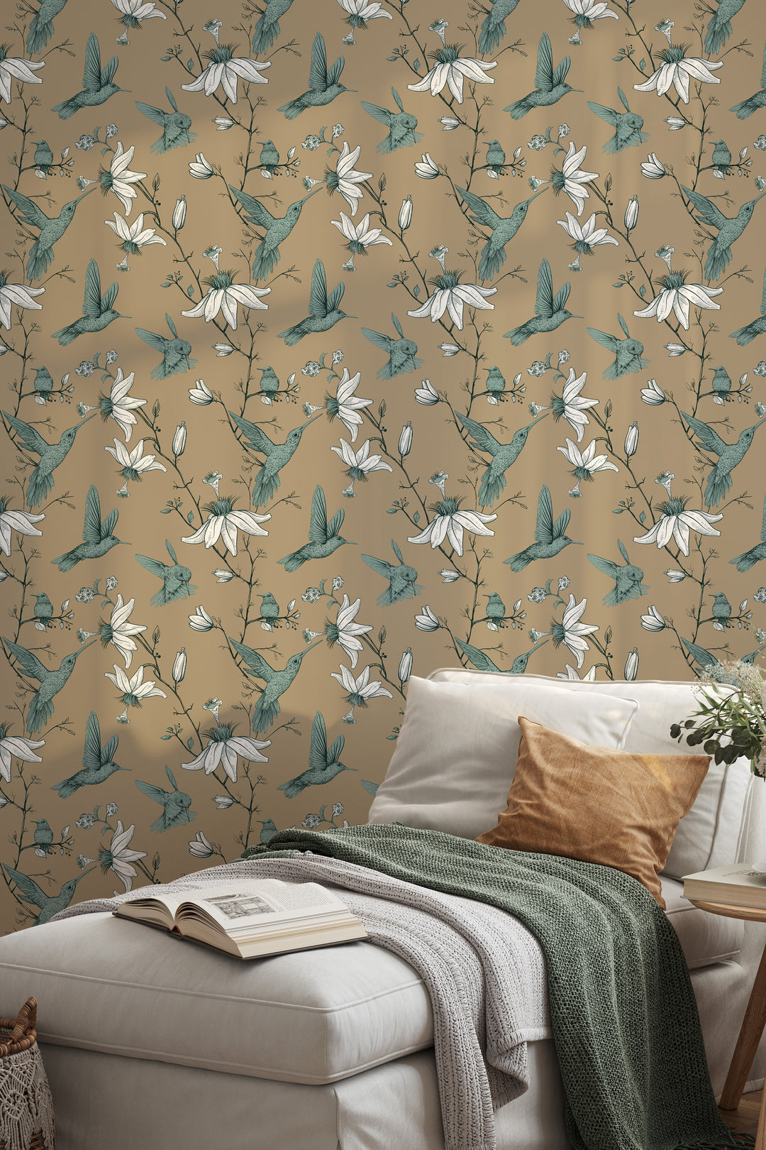 Cozy Bedroom with Neutral Furniture Featuring Warm Beige Hummingbird Wallpaper Floral Bird Pattern
