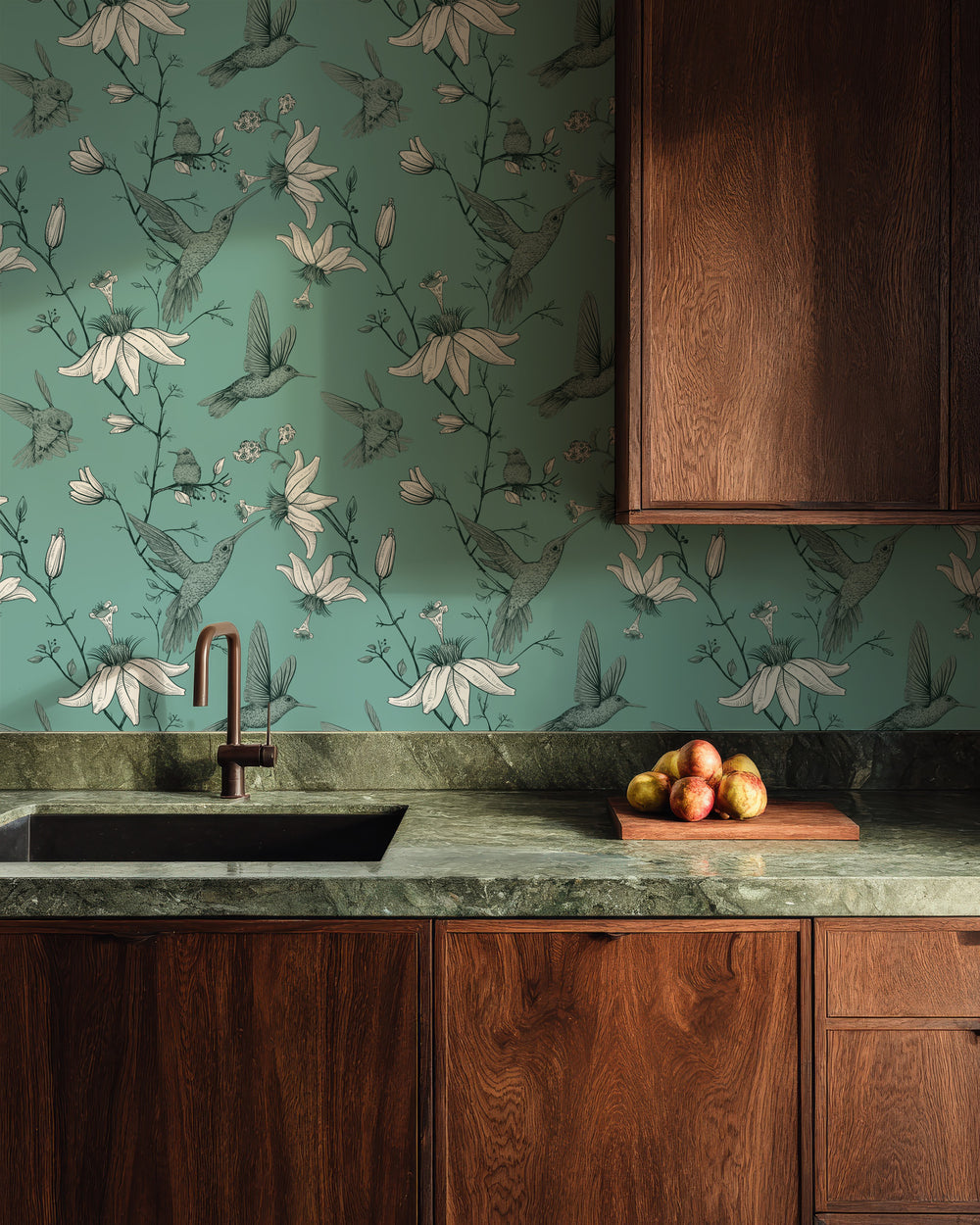 Modern kitchen with wood cabinets featuring Aqua Green Hummingbird Wallpaper with a botanical floral bird pattern.