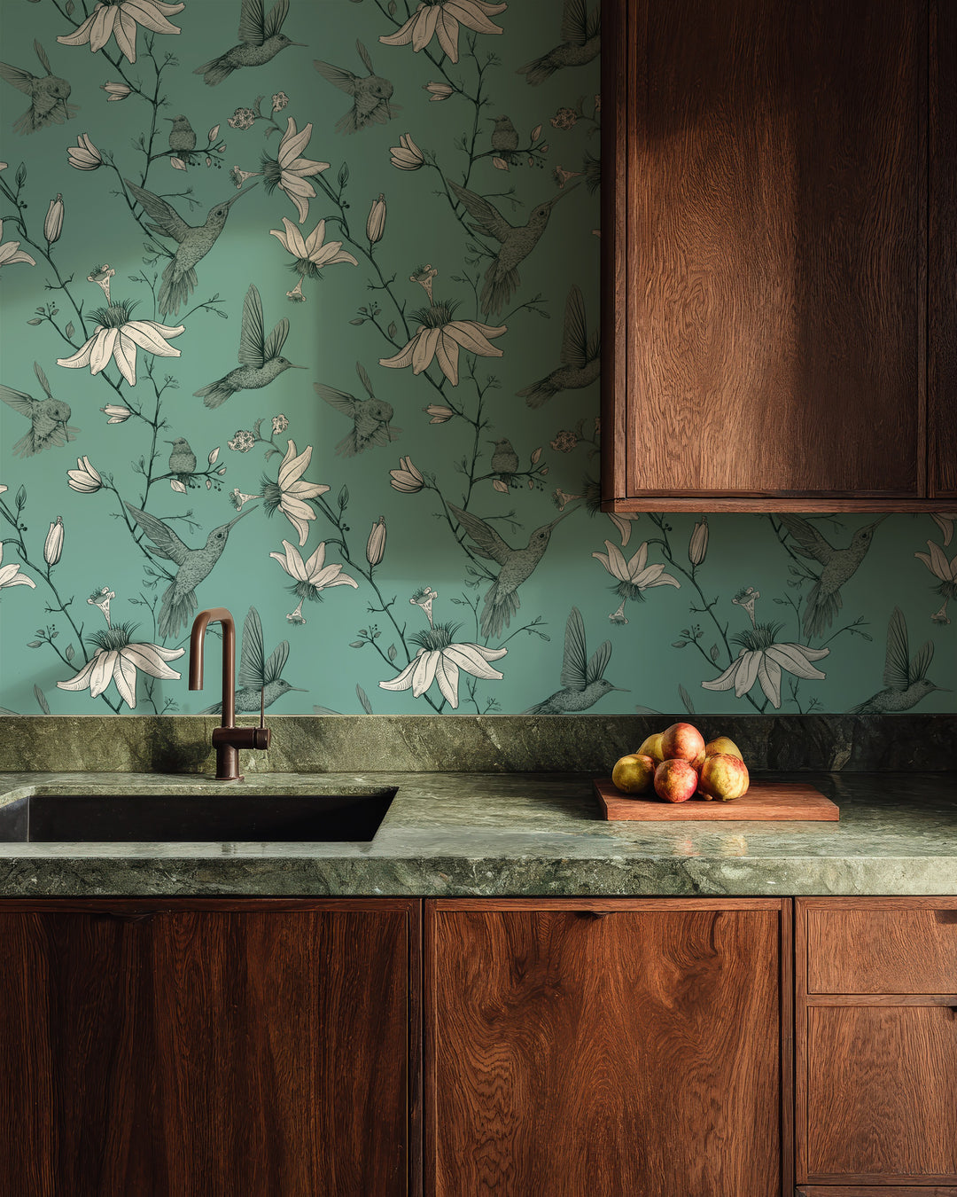 Modern kitchen with wood cabinets featuring Aqua Green Hummingbird Wallpaper with a botanical floral bird pattern.