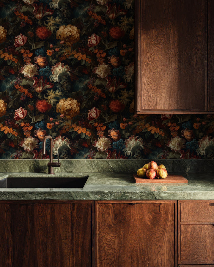 Dahlia Wallpaper Rust & Cream Vintage Floral Garden Pattern shown in a cozy kitchen.
