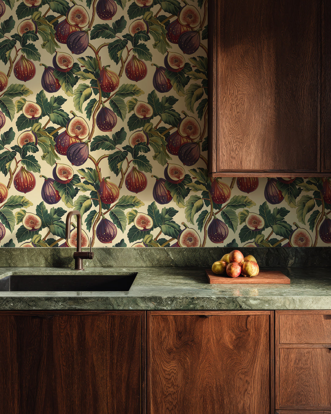 Cream fig and leaf wallpaper with a purple speckled vintage botanical pattern shown in a modern kitchen.