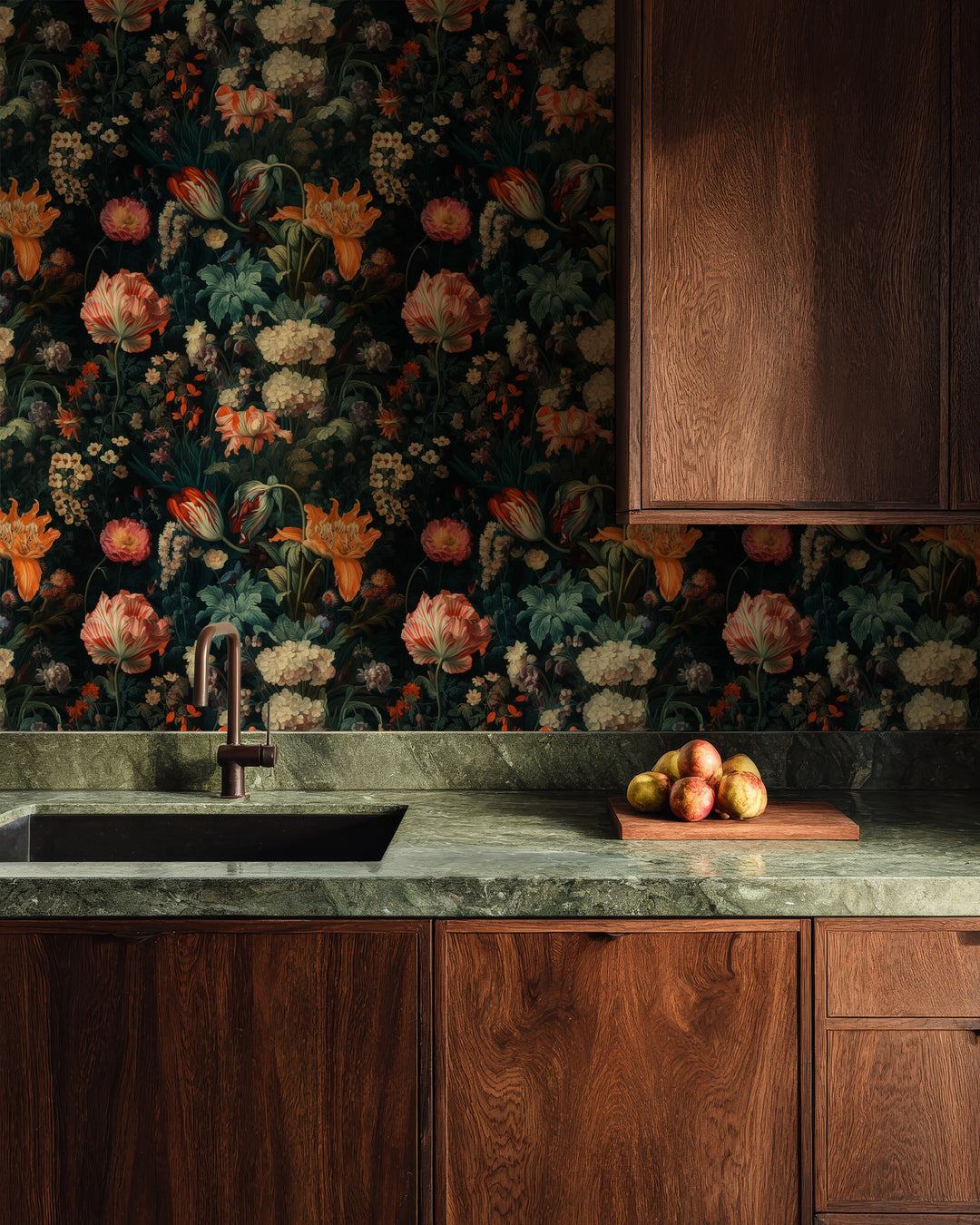 Dahlia Wallpaper Orange & Cream Vintage Floral Garden Pattern in a stylish kitchen.