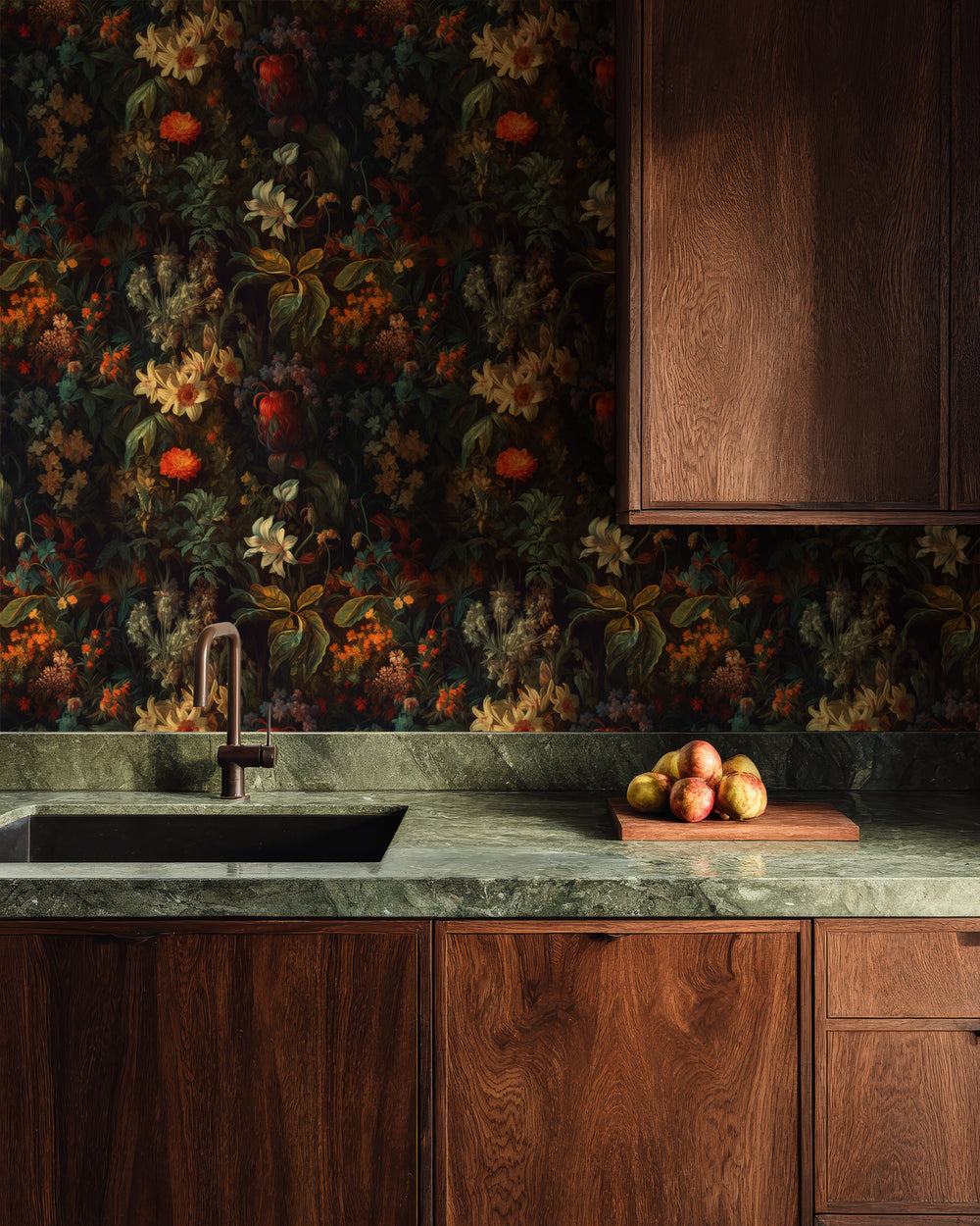 Dahlia Wallpaper Orange & Deep Green Floral Pattern in a cozy kitchen.