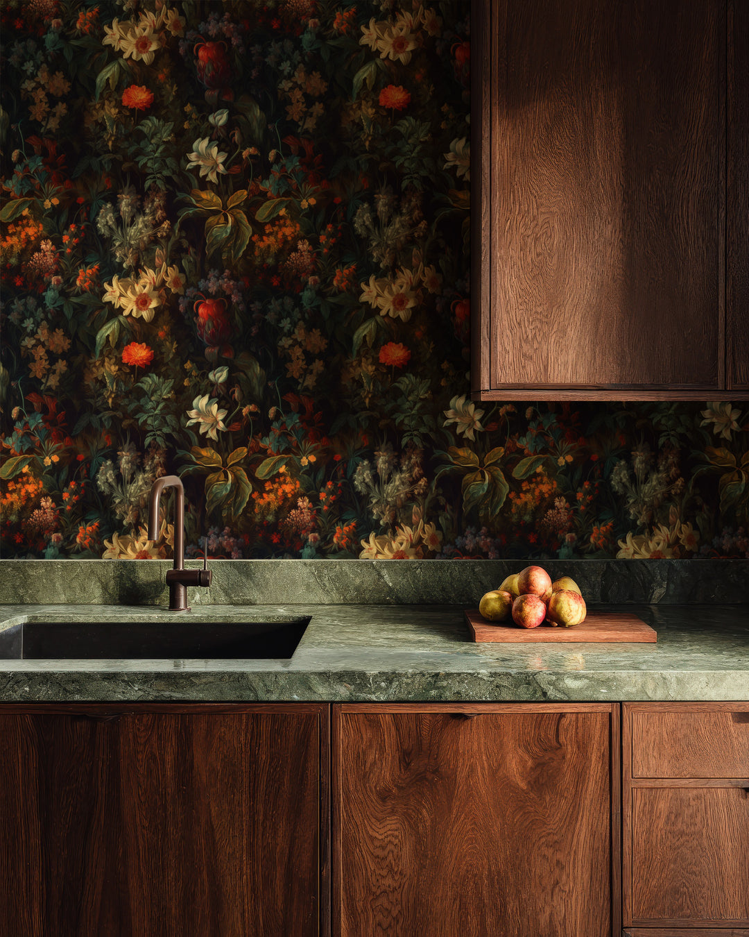 Dahlia Wallpaper Orange & Deep Green Floral Pattern in a cozy kitchen.
