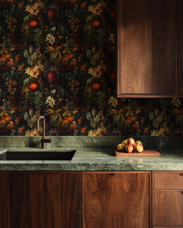 Dahlia Wallpaper Orange & Deep Green Floral Pattern in a cozy kitchen.