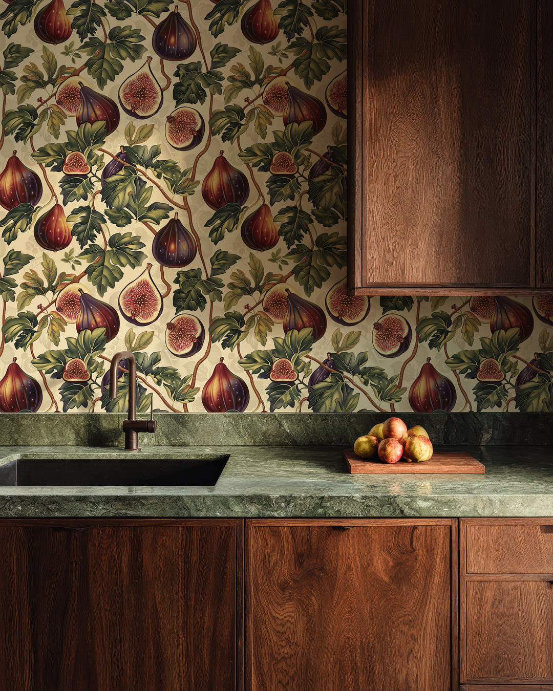 Ivory fig and leaf wallpaper with purple vintage botanical pattern featured in a modern kitchen.