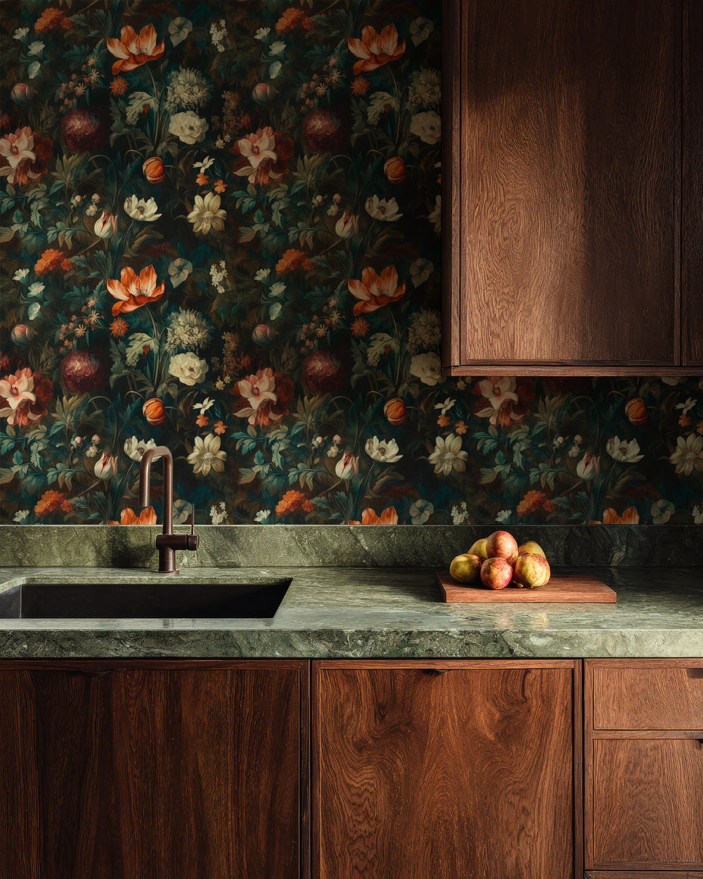 Orange and cream painterly botanical wallpaper featured in a modern rustic kitchen.