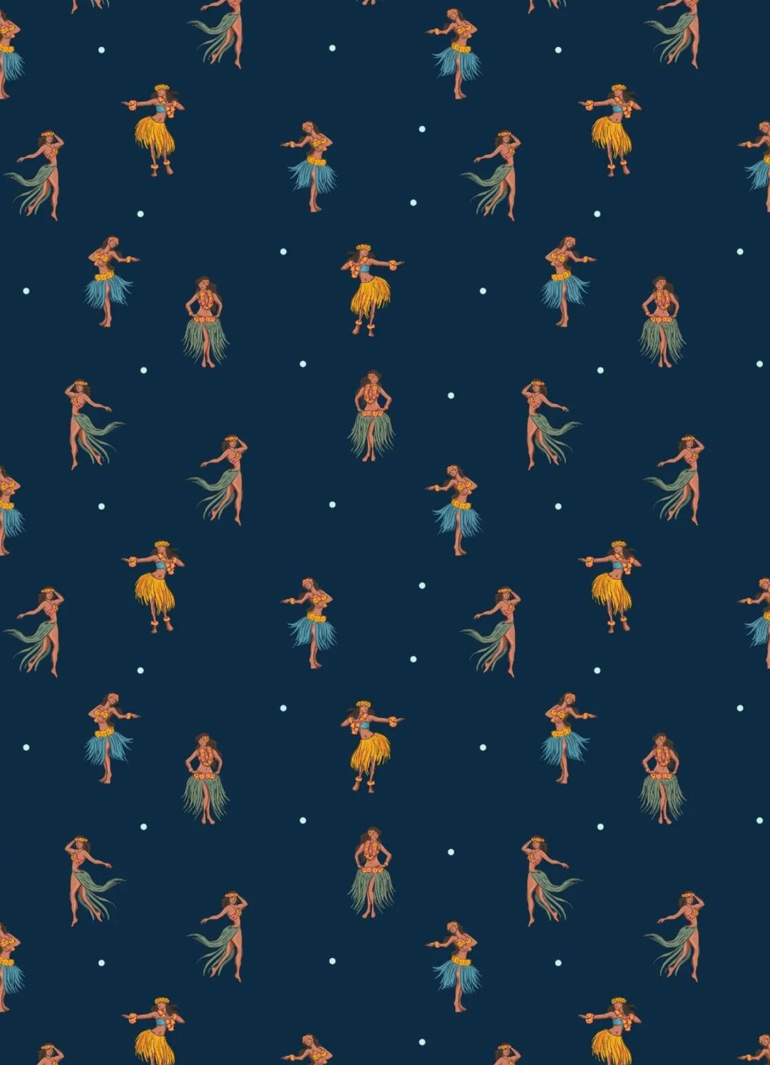 a repeating pattern of stylized figures in hula poses against a dark blue background, with small white dots scattered throughout the pattern.