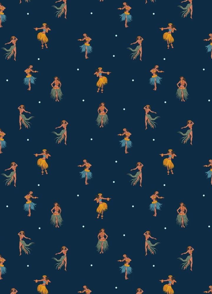 a repeating pattern of stylized figures in hula poses against a dark blue background, with small white dots scattered throughout the pattern.