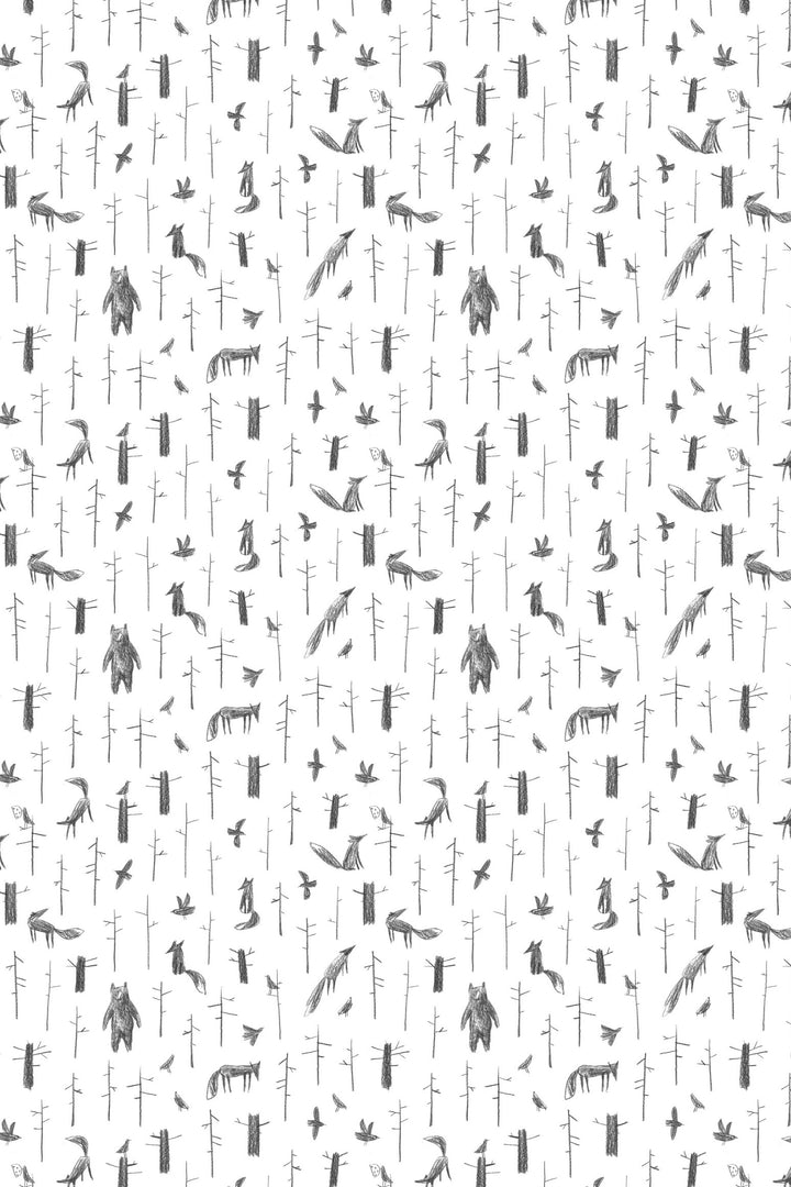 Wallpaper with animal pattern on a wall with a chair and table.