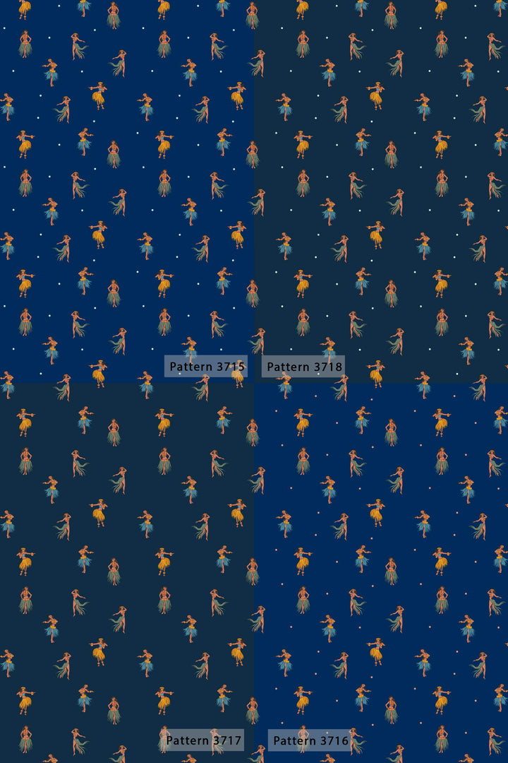 Hawaiian Dancer Wallpaper – Tropical Vintage Hula Pattern | Navy Blue Starry Night Decor