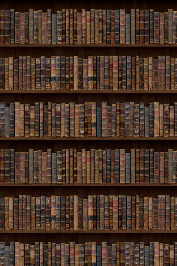 wallpaper for wlls murals Shelves filled with vintage books with worn leather bindings