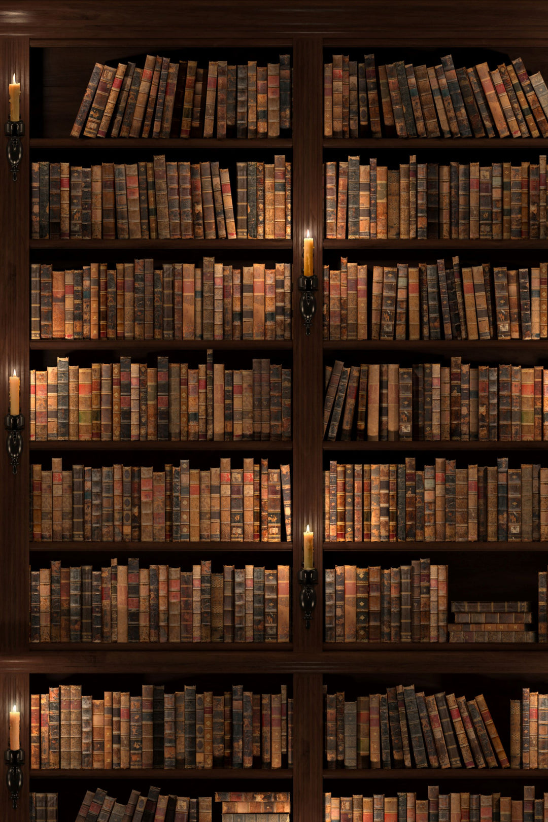 Wallpaper for walls Library bookshelf filled with old books in a dimly lit room.