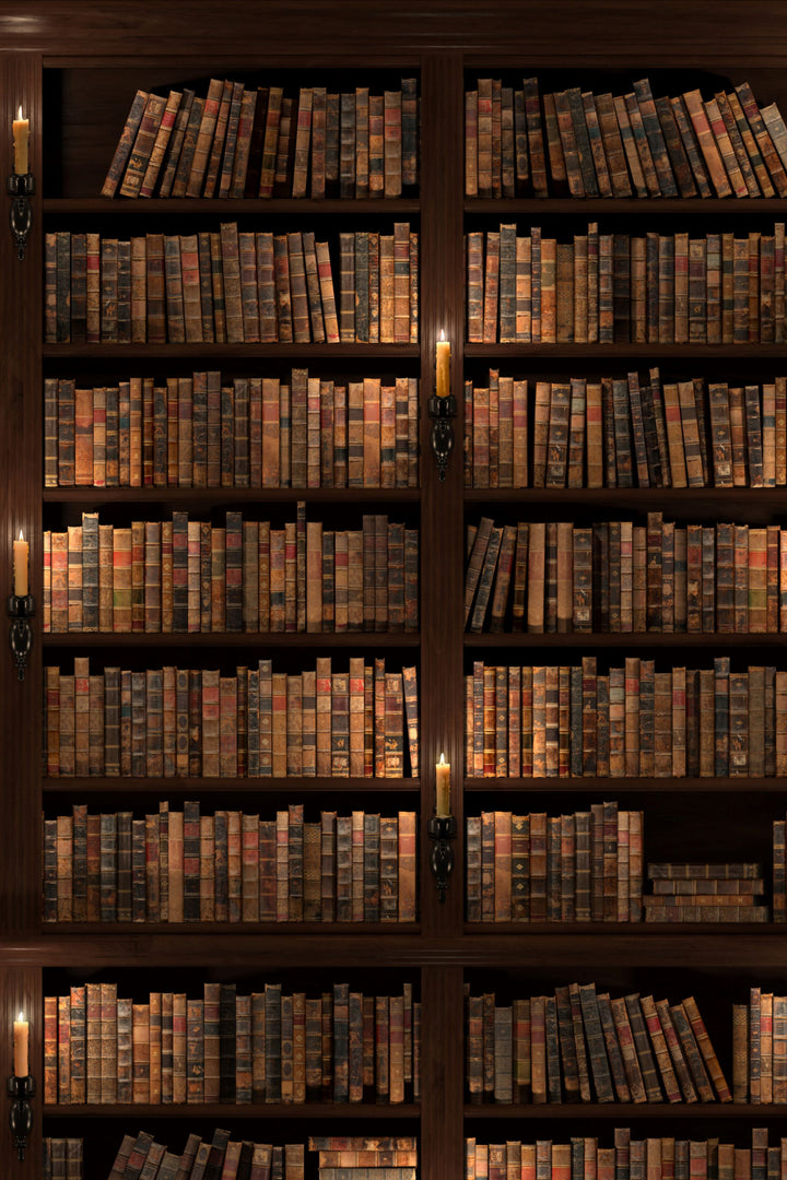 Wallpaper for walls Library bookshelf filled with old books in a dimly lit room.