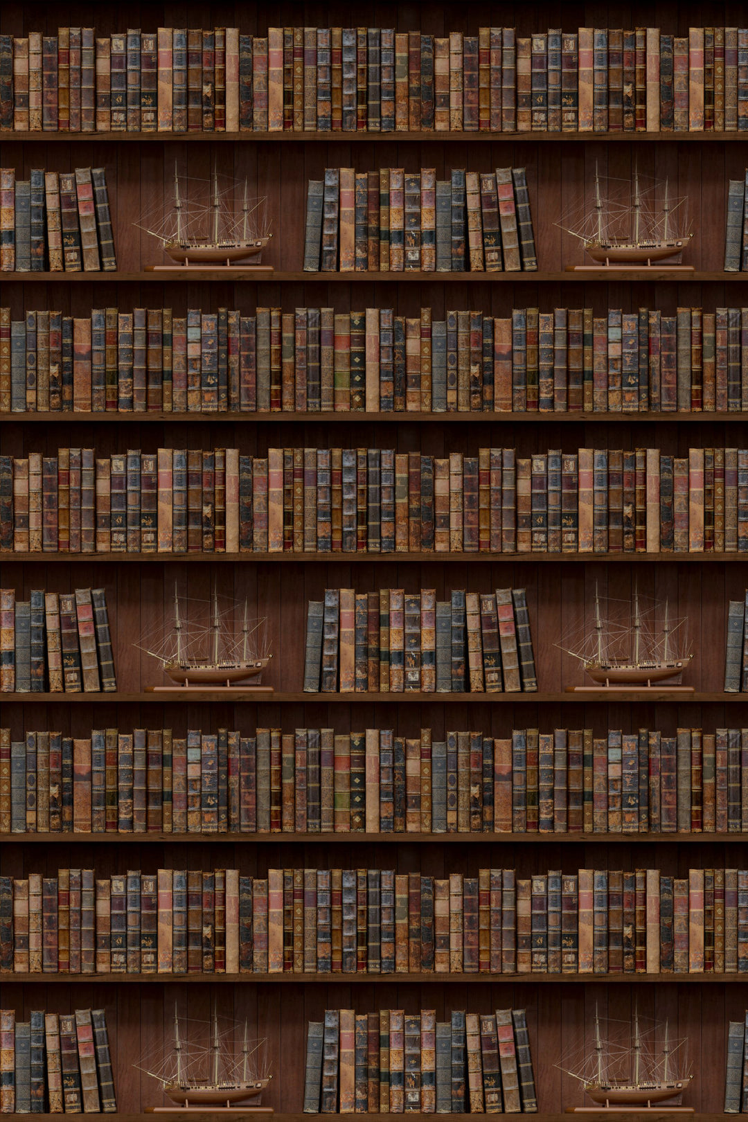 Wallpaper Shelves filled with books and model ships in a library setting