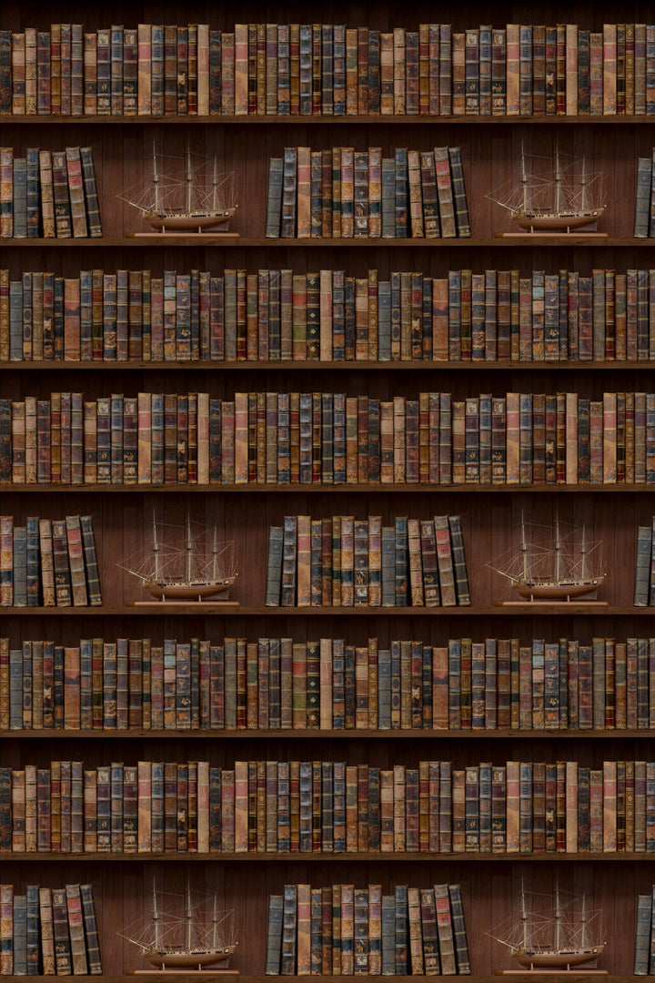 Wallpaper Shelves filled with books and model ships in a library setting