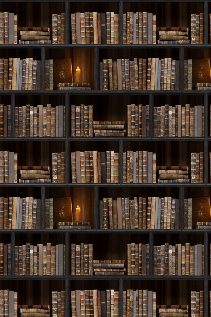 Vintage Library Panel Wallpaper with Candlelight – Framed Bookshelf 3785