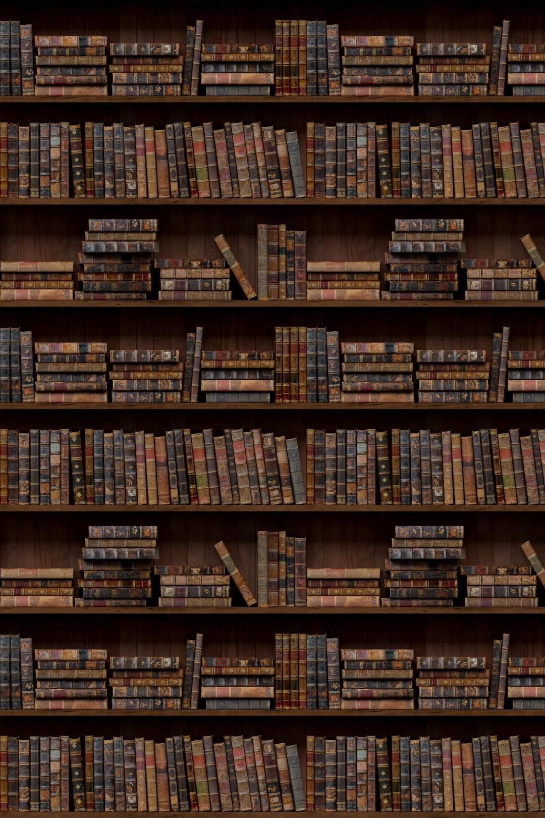 Bookshelf filled with vintage books in a dark setting