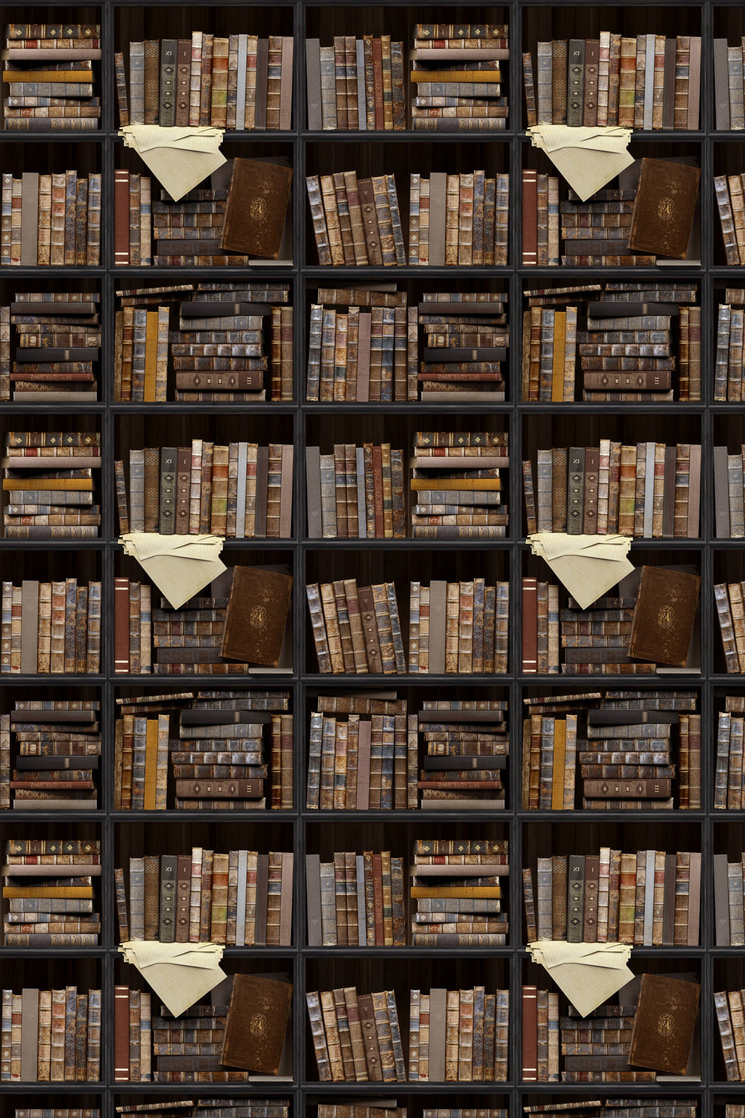 Wall with a pattern of books and triangular flags