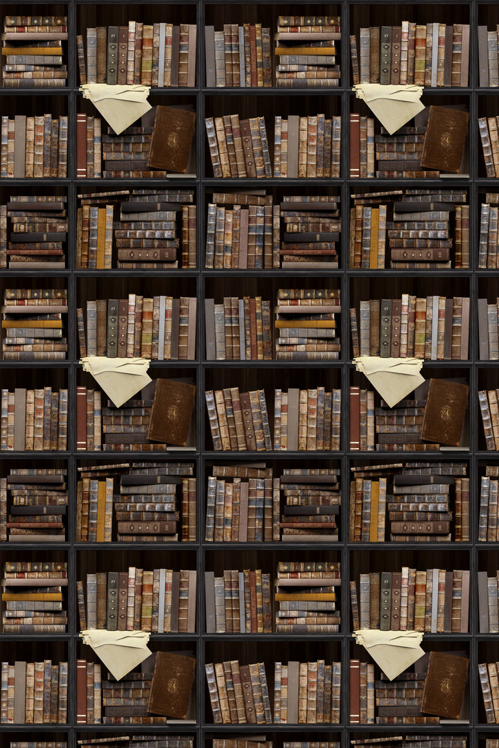 Wall with a pattern of books and triangular flags