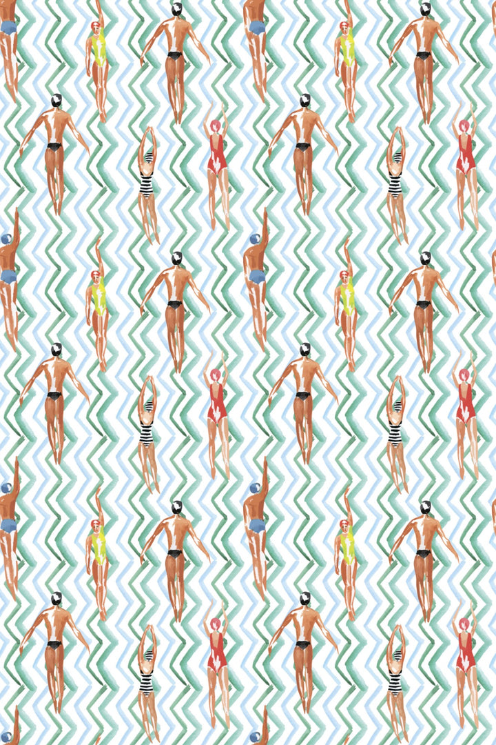Vintage Swimmers Waves Wallpaper  Retro Poolside Pattern 3790