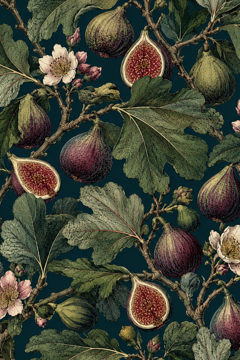 Dark teal fig leaf wallpaper with vintage botanical figs