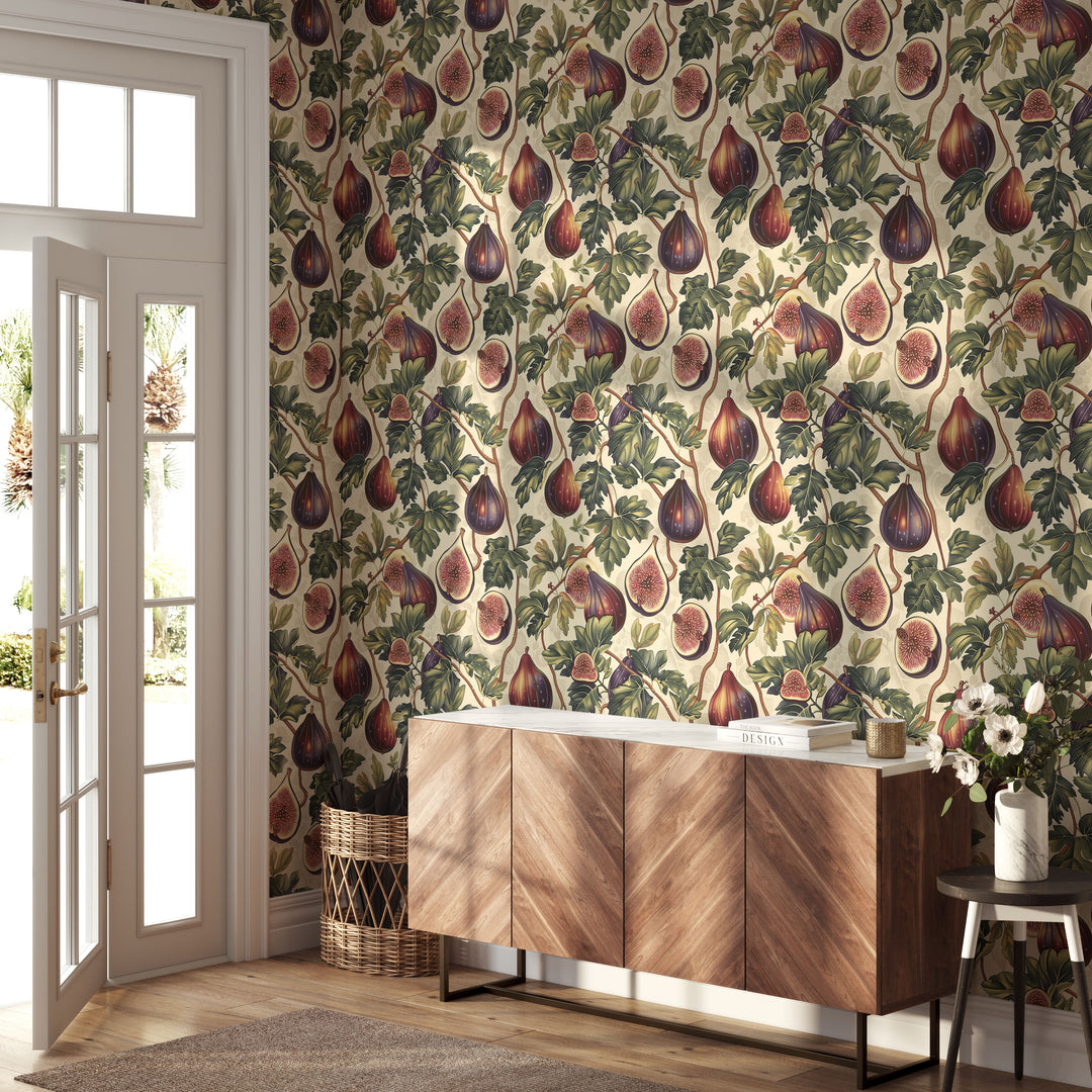 Ivory fig and leaf wallpaper with purple vintage botanical pattern featured in a cozy entryway.