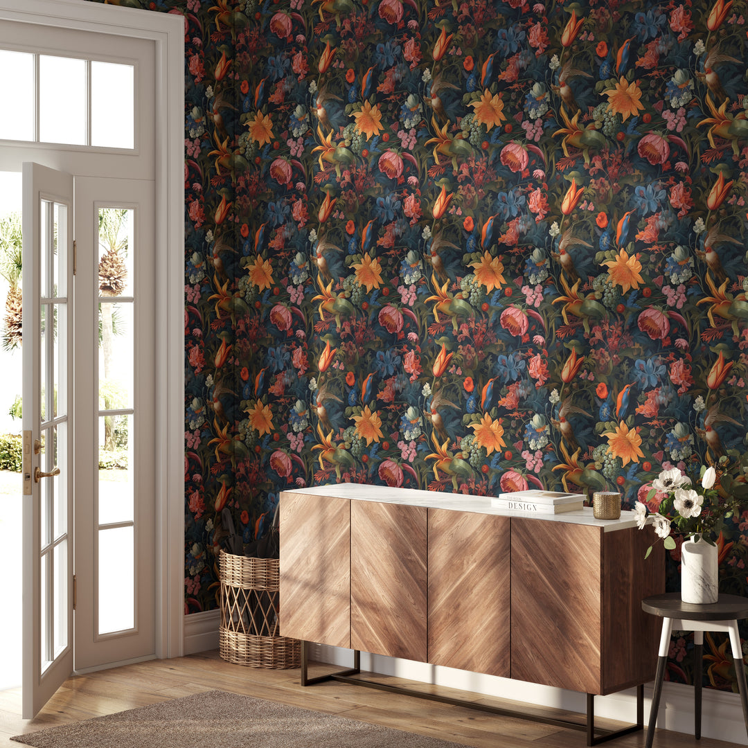 Dahlia Wallpaper Colorful Botanical Garden with Birds Pattern shown in a cozy entryway.