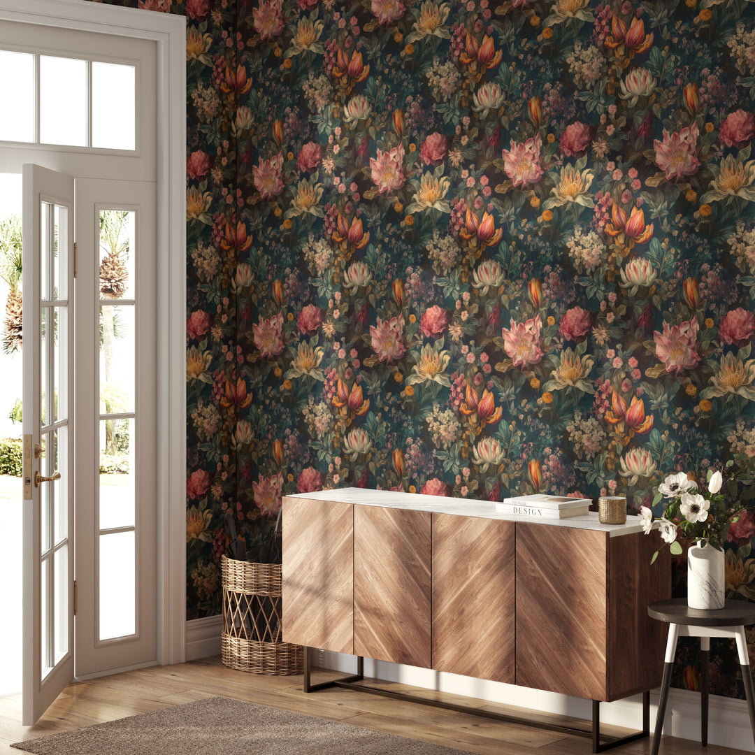 Dahlia Wallpaper Dark Teal with Pink & Orange Vintage Floral Pattern in a stylish entryway.