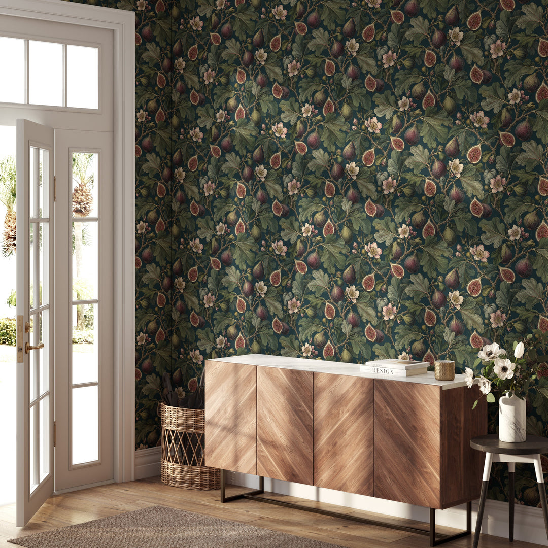 Dark teal fig leaf wallpaper with vintage botanical figs, blossoms and green foliage in an entryway