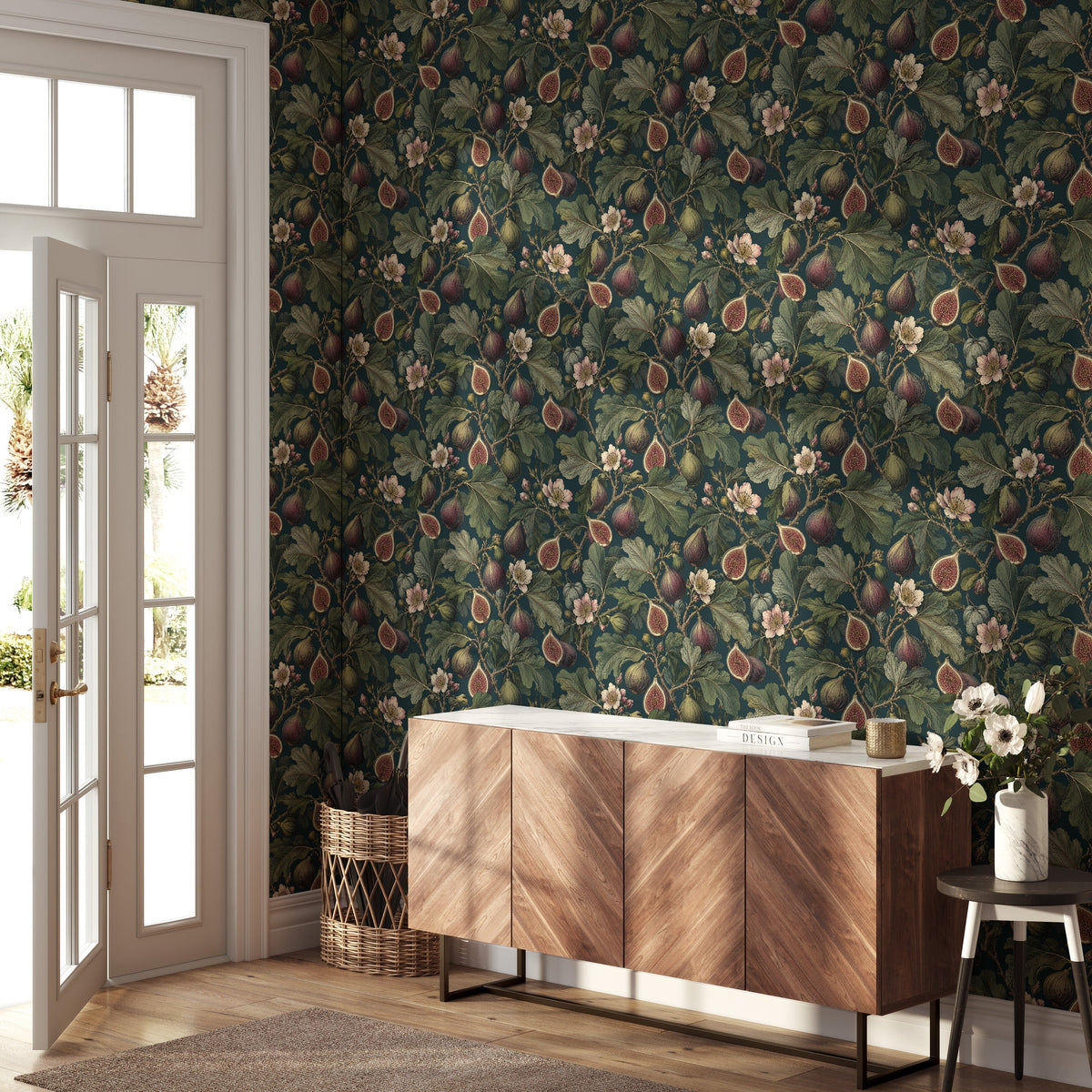 blossoms and green foliage in an entryway