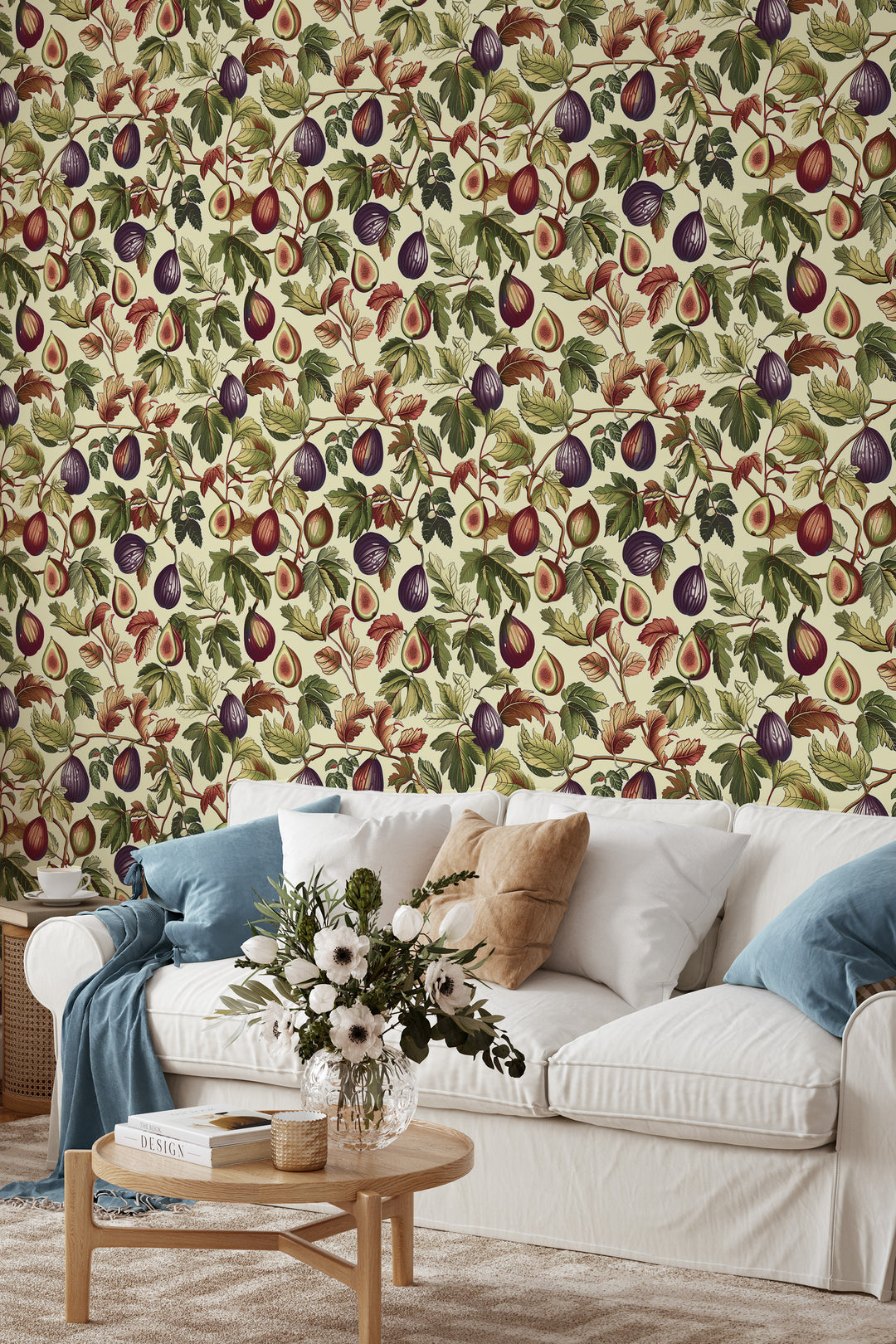 Ivory fig and leaf wallpaper with autumn botanical fruit pattern featured in a living room.