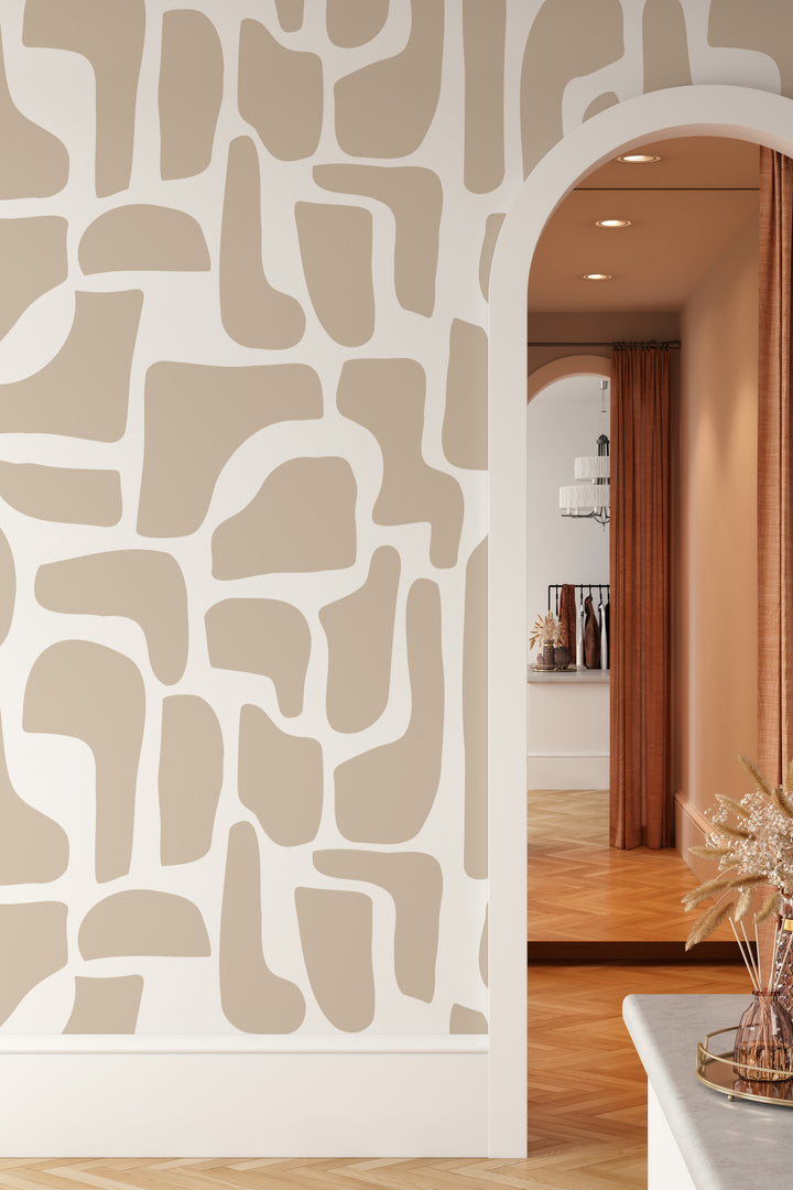Beige and white abstract stone wallpaper in arched