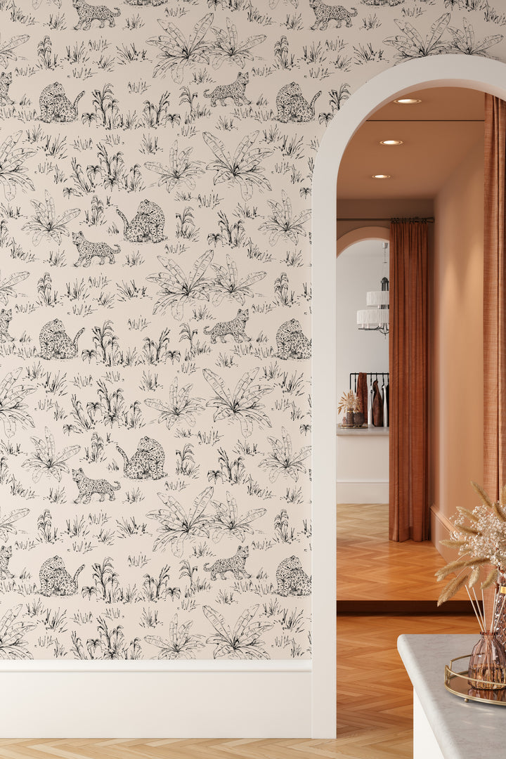 Safari leopard wallpaper with black tropical leaf line art in arched doorway