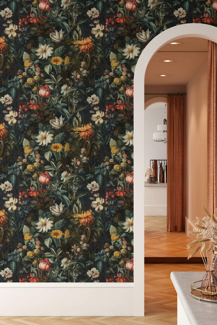 Dahlia Wallpaper Golden Cream Vintage Floral Garden Pattern featured on an interior wall with an arched doorway.