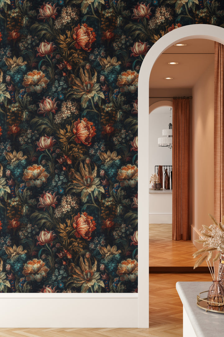 Dahlia Wallpaper Red & Cream Vintage Floral Pattern in an elegant archway.