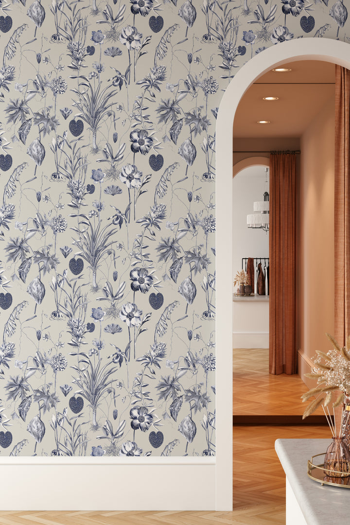 Blue and white floral wallpaper on a beige background with arched doorway