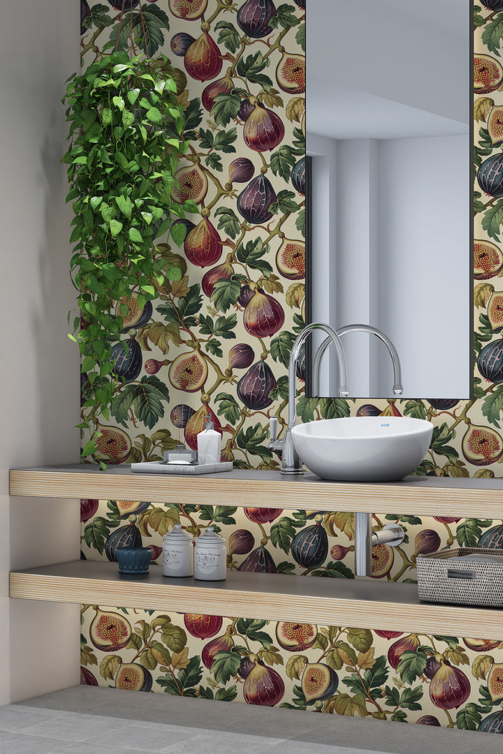 Cream fig and leaf wallpaper with vintage plum botanical pattern featured in a bathroom.