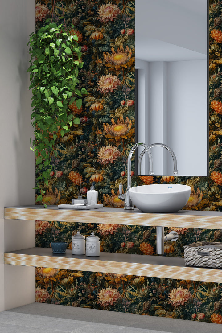 Dark green dahlia floral wallpaper with vintage orange botanical flowers pattern shown in a modern bathroom