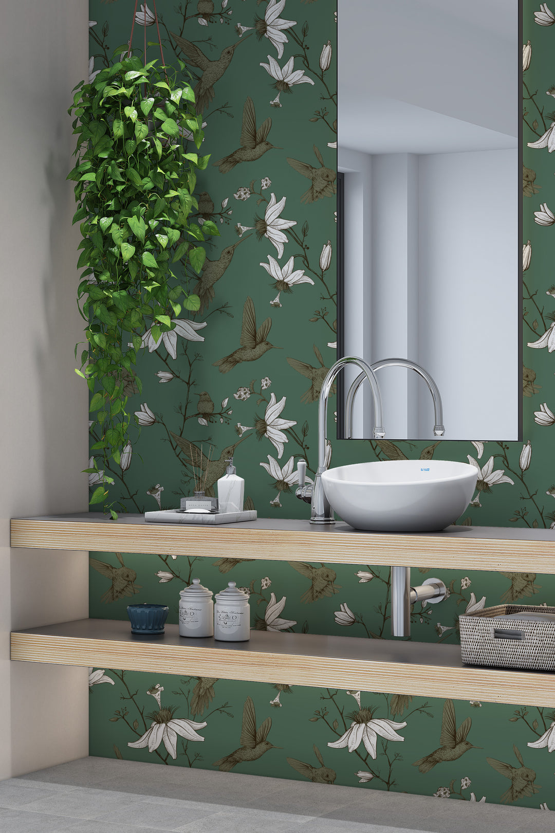Bathroom with sage green hummingbird wallpaper featuring a botanical floral bird pattern, modern vanity, mirror, and hanging greenery
